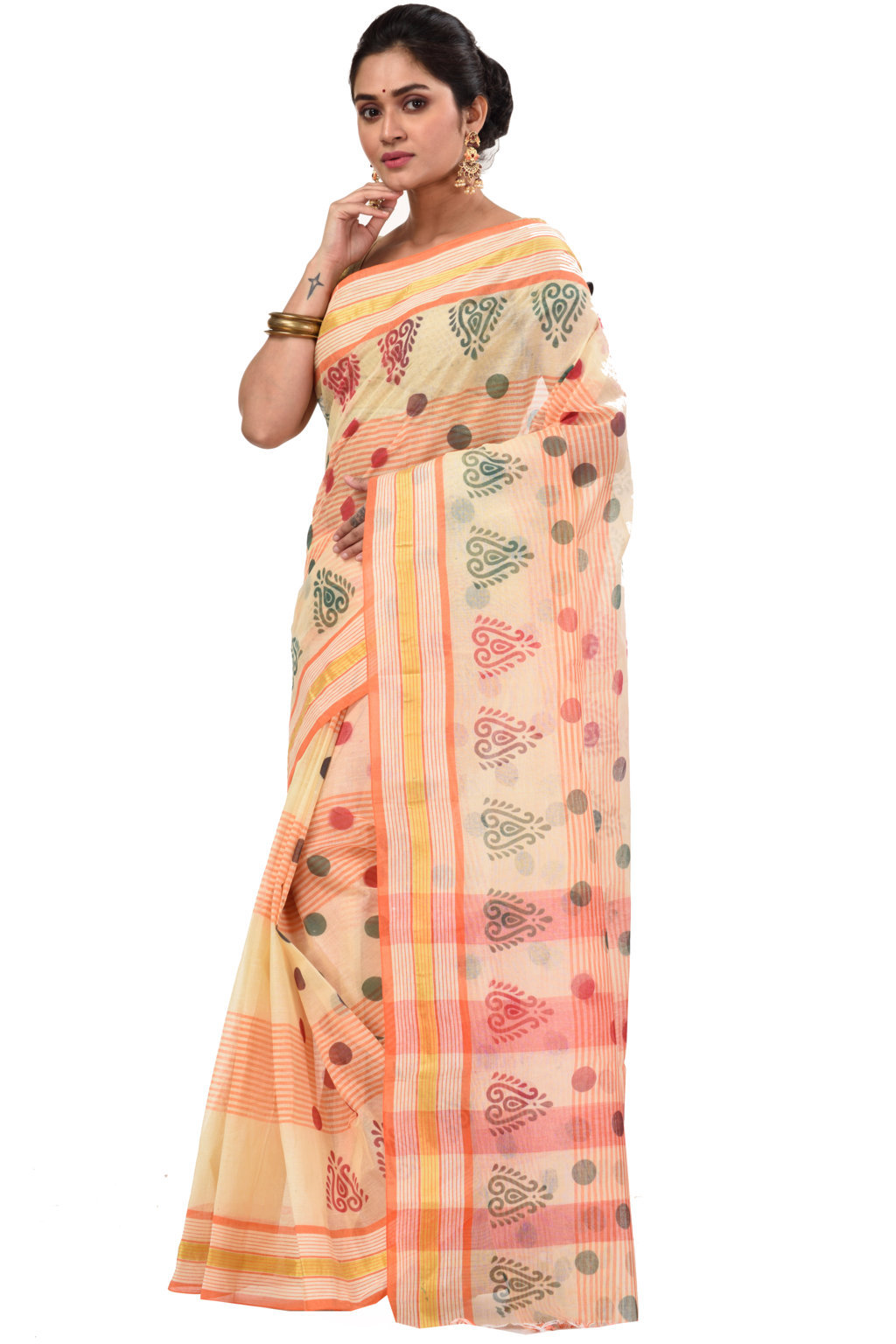Orange Pure Cotton Matha Saree Tant Saree Print (5010)